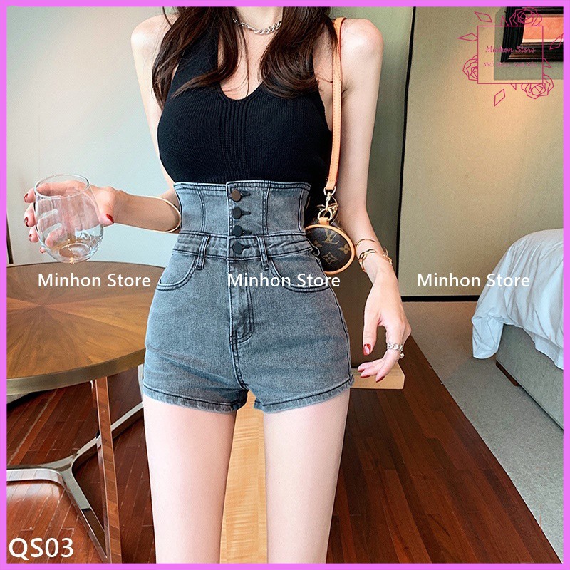 Quần Đùi, Quần Short Jean Nữ Cạp Cao 4 Cúc Có Dây Kéo Phía Sau 2 Màu (Minhon Store QS03)