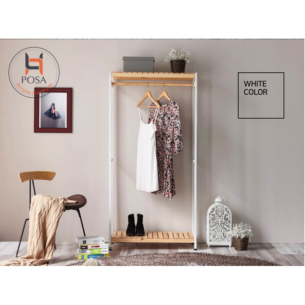 Kệ treo quần áo gỗ tự nhiên- 2 tầng ngang 66 cm màu mix trắng và gỗ tự nhiên