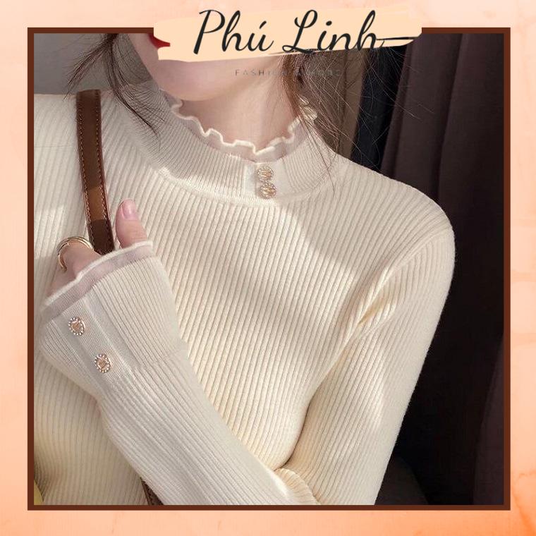 Ms364 Áo Len Nữ Viền Bèo Cổ Đính Khuy