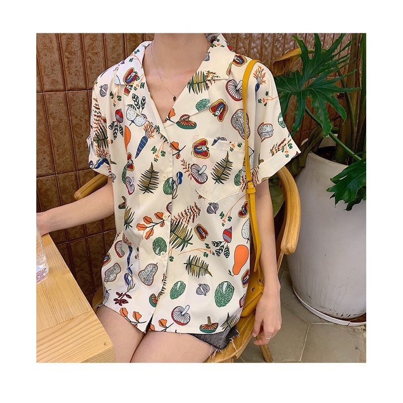 MS058 Áo sơ mi hoa lá cổ bẻ form rộng