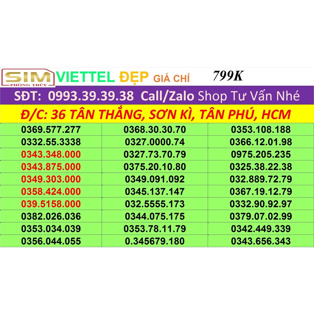 SIM SỐ ĐẸP VIETTEL GIÁ  799.000 SIM ĐẸP NÉT, PHONG THỦY. NHẬN LÀM SIM THEO YÊU CẦU