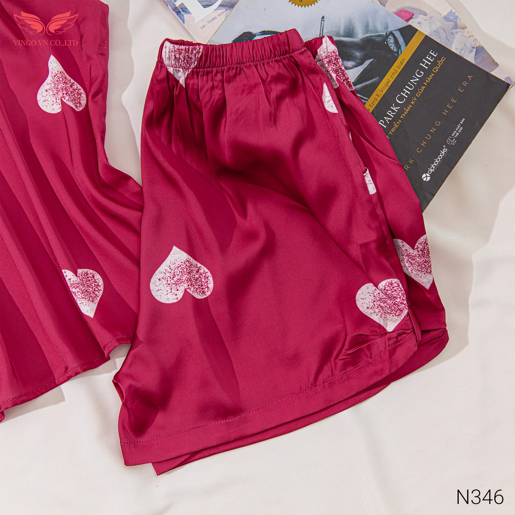 Đồ Bộ Nữ Pijama Mặc Nhà VINGO Lụa Pháp Cao Cấp Áo Hai Dây Cổ Vuông Nhún Ngực Quần Cộc Họa Tiết Tim Cành Hoa N346 VNGO