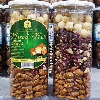 Mixed nuts 3 loại hạt dinh dưỡng MONUTS hũ 500gr gồm Macca, Óc Chó Đỏ, Hạnh Nhân đã tách vỏ
