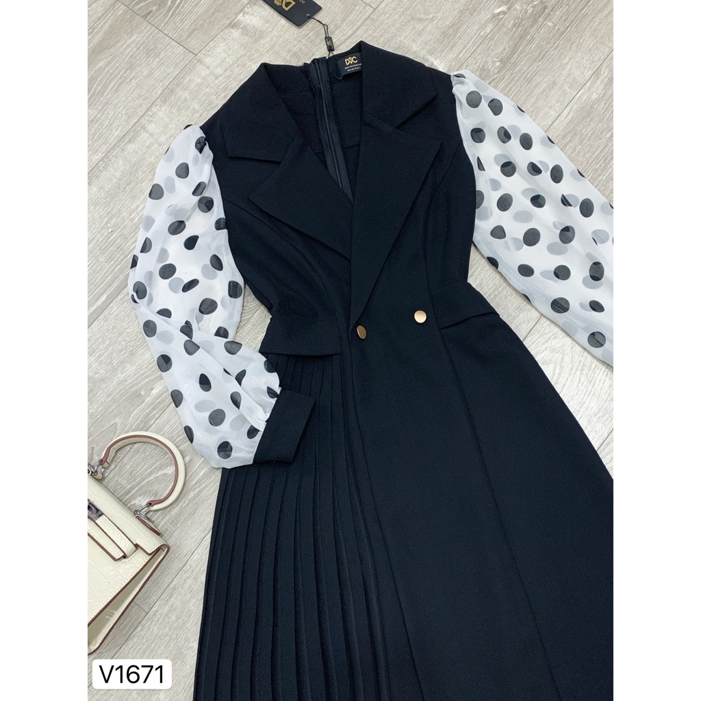 Váy xòe cổ vest tay phối chấm bi V1671 - ĐẸP SHOP DVC ( Ảnh mẫu và ảnh trải sàn do shop tự chụp )