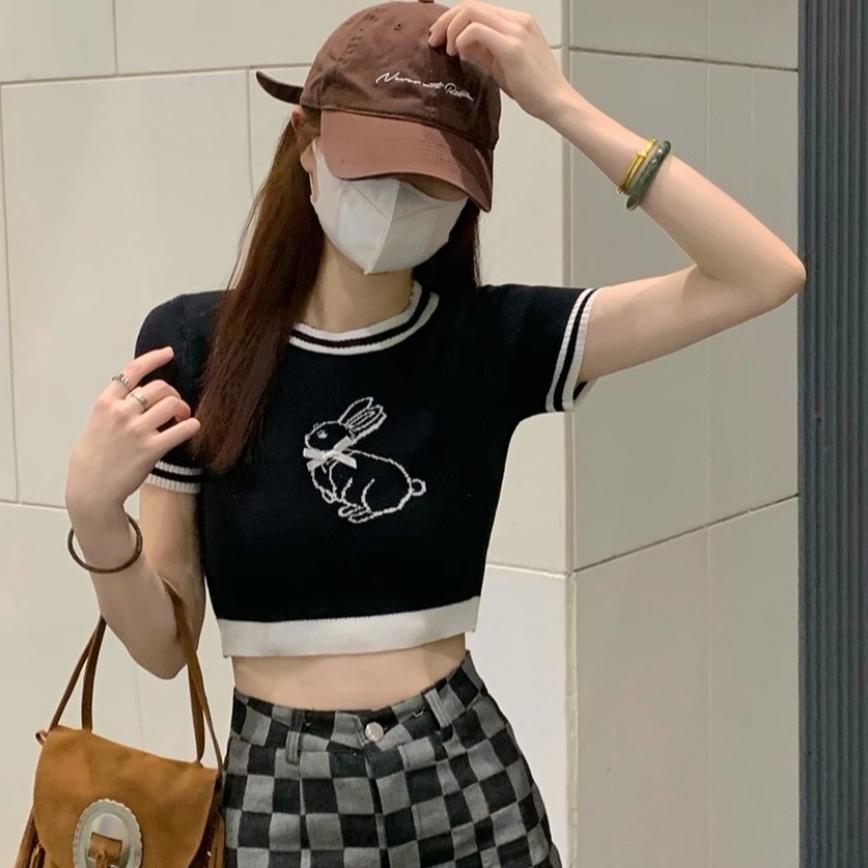 Áo thun dệt kim ZHELIHANGFEI ngắn tay lưng cao thêu họa tiết màu sắc tương phản