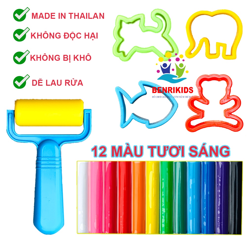Đồ Chơi Đất Nặn Cho Bé 12 Màu An Toàn Không Khô Dễ Dàng Lau Rửa Kèm Khuôn Và Con Lăn Cán Đất TL04