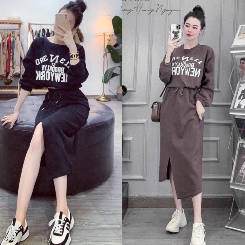 Set áo và chân váy dài lệch vạt rút gấu tay dài NEWYORK set 3 món kèm áo khoác