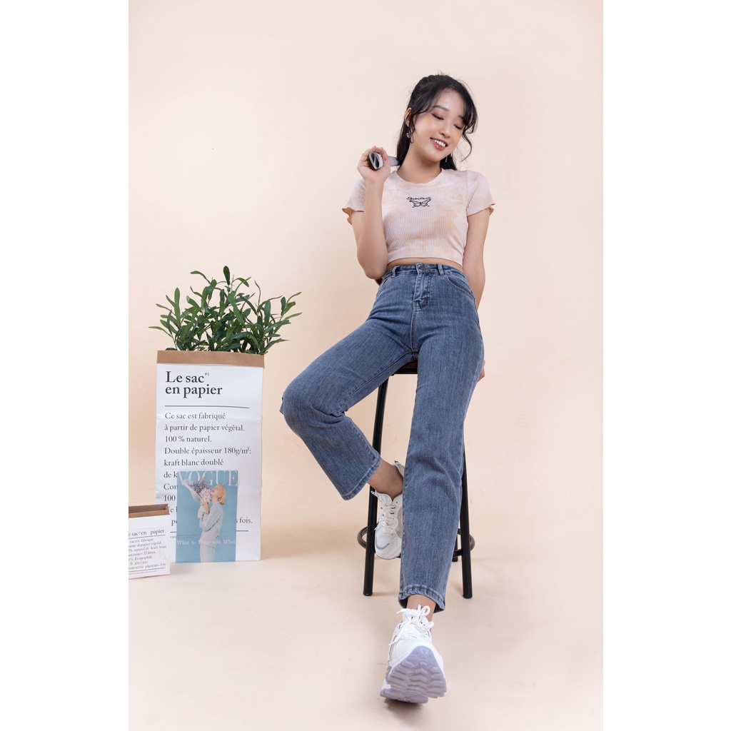 Quần Jeans Nữ Ống Đứng Ghi Đá Co Giãn Hàn Quốc KAVO BLUE Lưng Cao Ống Suông D61