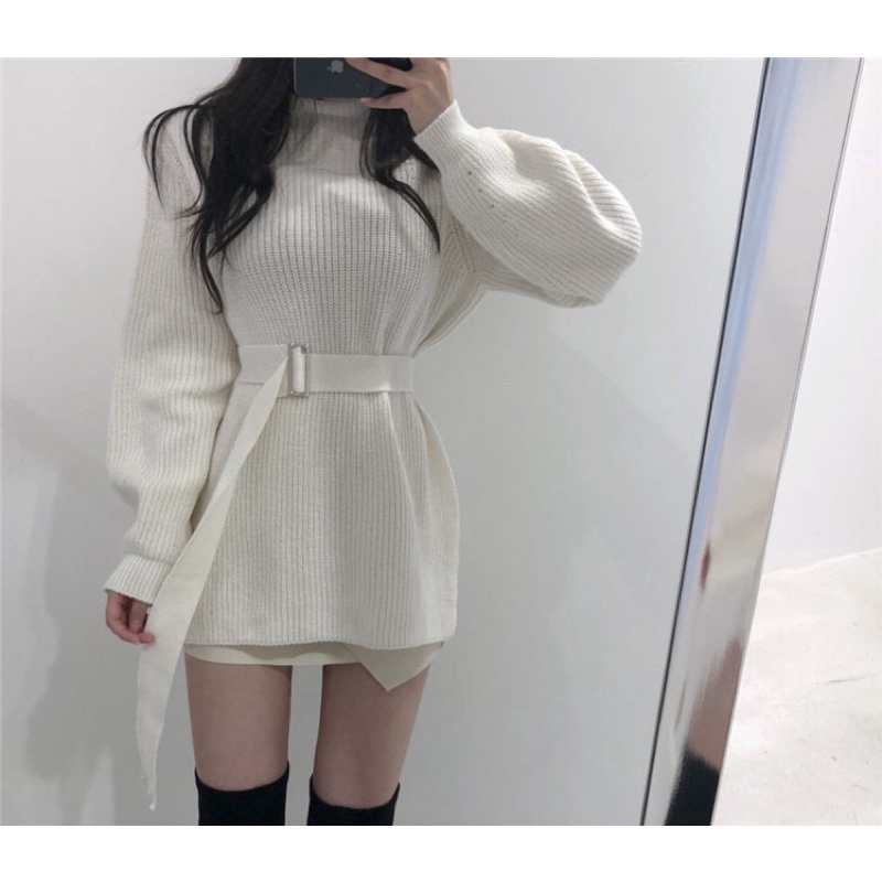 ÁO LEN TRƠN CỔ LỌ TAY BỒNG XẺ VẠT BÊN KÈM BELT