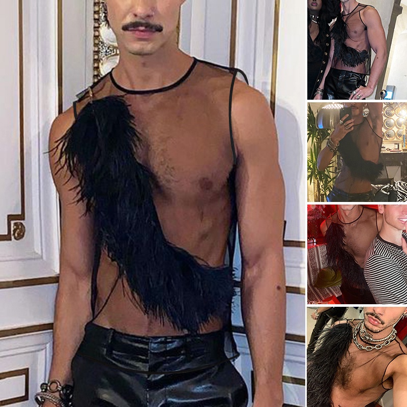 Áo sát nách INCERUN phối lông vũ cá tính thời trang cho nam