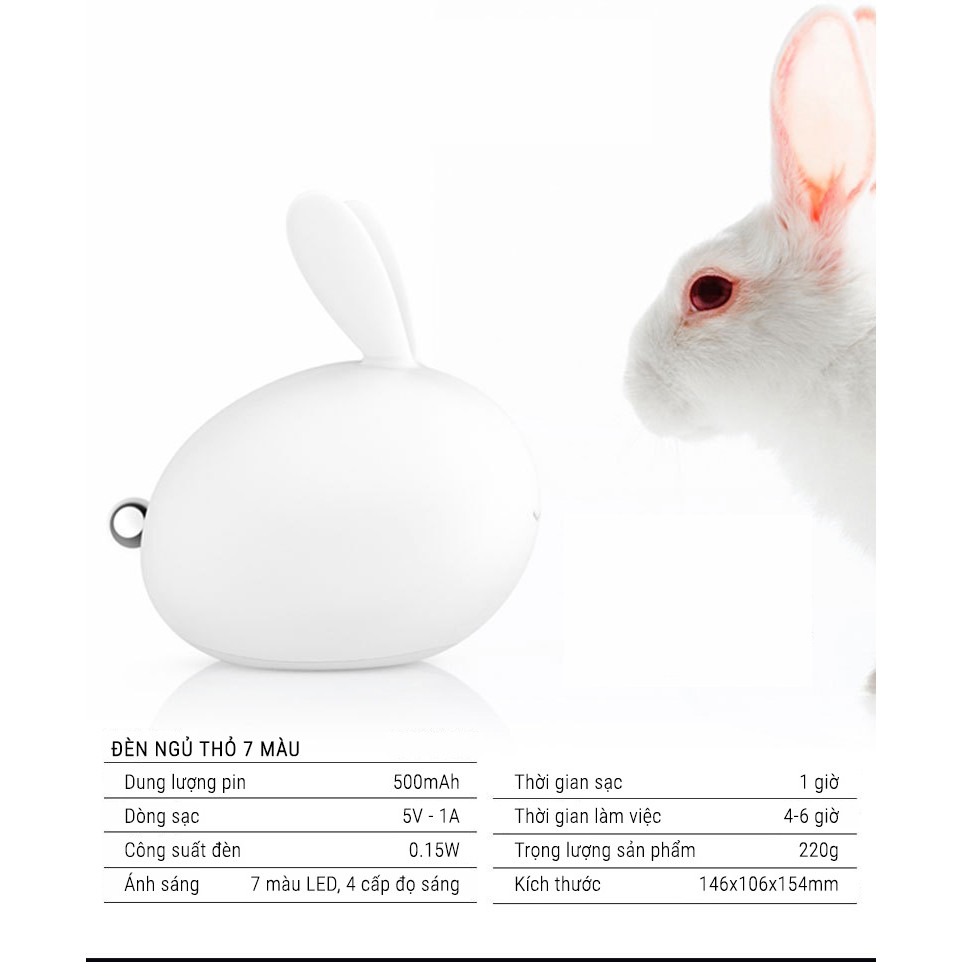 [CHÍNH HÃNG] Đèn Ngủ LED 7 Màu Thỏ Pin 500mAh Cảm Ứng Chạm 4 Mức Độ Sáng 3LIFE Soft Rabbit Lamp 302 MINIGOO