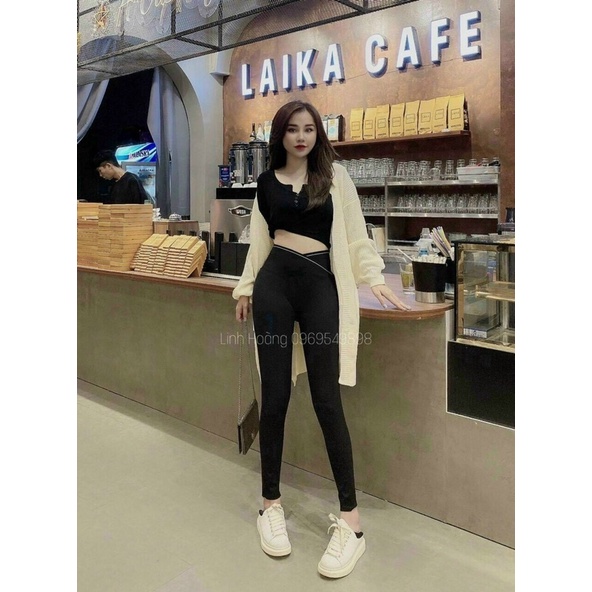 Quần Legging cạp chéo hot trend cạp siêu cao - Cạp sọc chữ