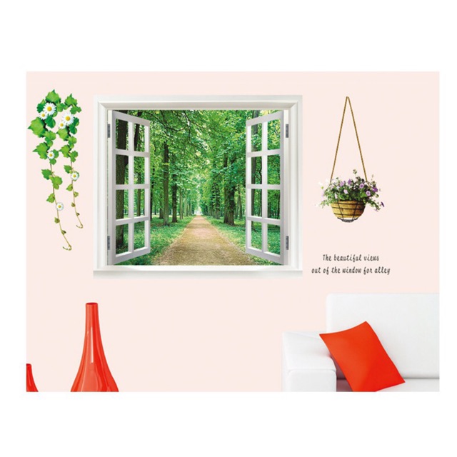 Decal trang trí cửa sổ lẳng hoa và con đường ( Kèm Video thật )