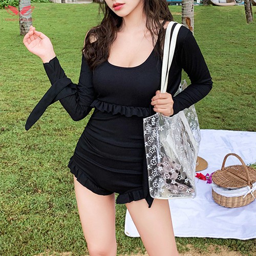 VINGO Sét Đồ Bơi Bikini Nữ Hai Mảnh Áo Dài Tay Khoác Buộc Eo Kèm Váy Hai Dây Liền Thân Chất Liêu Thun B161 VNGO | BigBuy360 - bigbuy360.vn