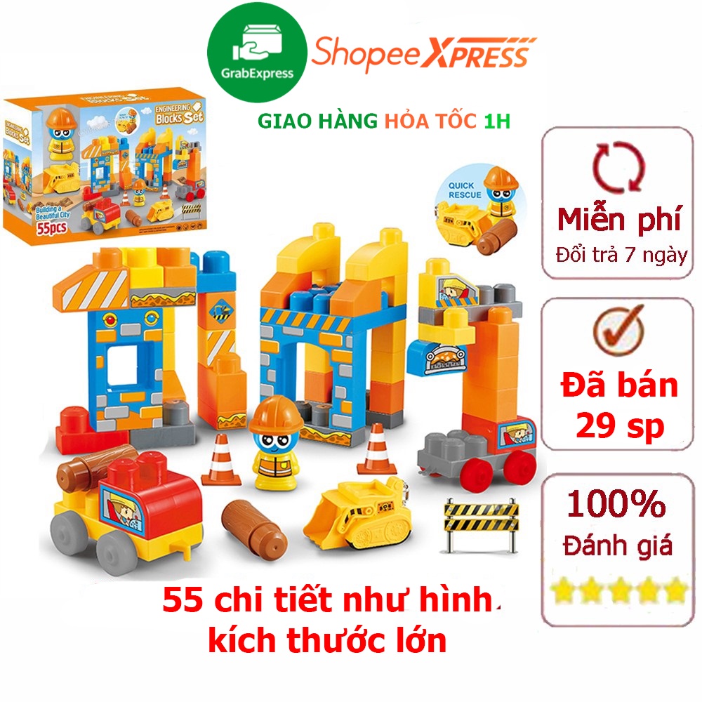 Đồ chơi lắp ghép công trình xây dựng gồm 55 chi tiết kích thước lớn có sticker dán