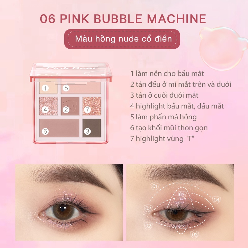 Bảng Phấn Mắt Pink Bear Little World 7 Màu Lì Và Nhũ Làm Phấn Bắt Sáng 10g