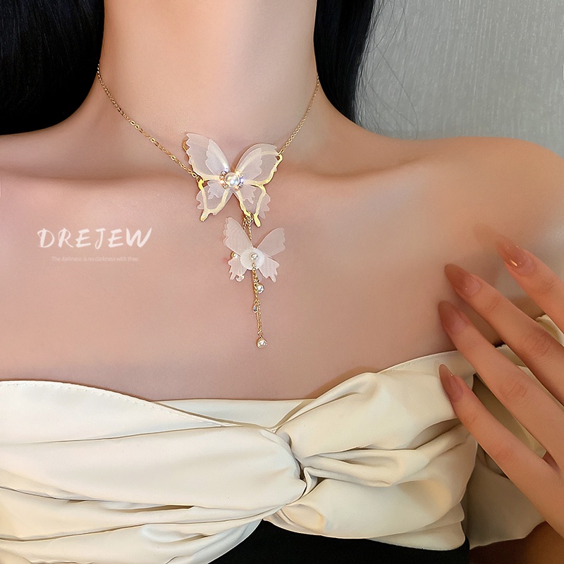 DREJEW Vòng Cổ Choker Ren Hình Bướm Đính Ngọc Trai Phong Cách Thời Trang Hàn Quốc