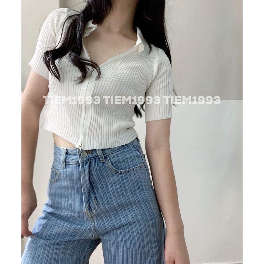 = Quần jean suông cạp cao vân mài