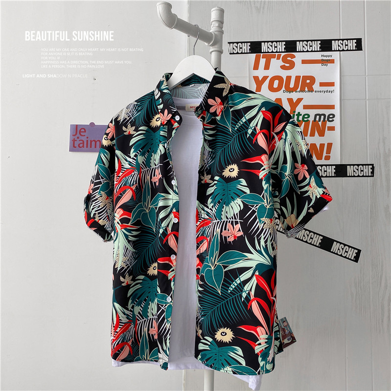 Áo sơ mi ngắn tay dáng rộng in hoa phong cách Hawaii Hàn Quốc mới cho nam