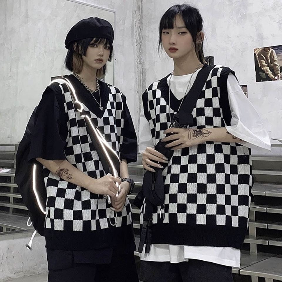 Áo len gile kẻ caro đen trắng unisex nam nữ cổ chữ v phong cách cá tính thời trang thu đông Hàn Quốc M32HD | BigBuy360 - bigbuy360.vn