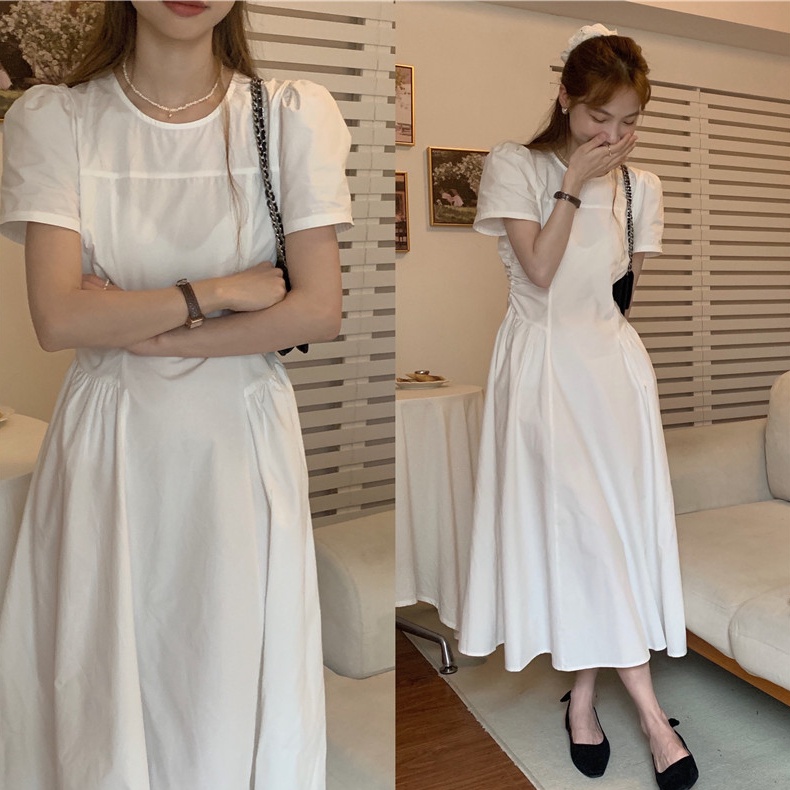 Đầm SUXI tay ngắn cổ tròn đơn giản phong cách Hàn Quốc