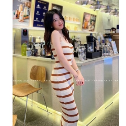 Váy body len kẻ ngang 2 dây dáng dài maxi, Đầm dáng ôm sexxy co giãn VL9912 - NhiNhi Shop