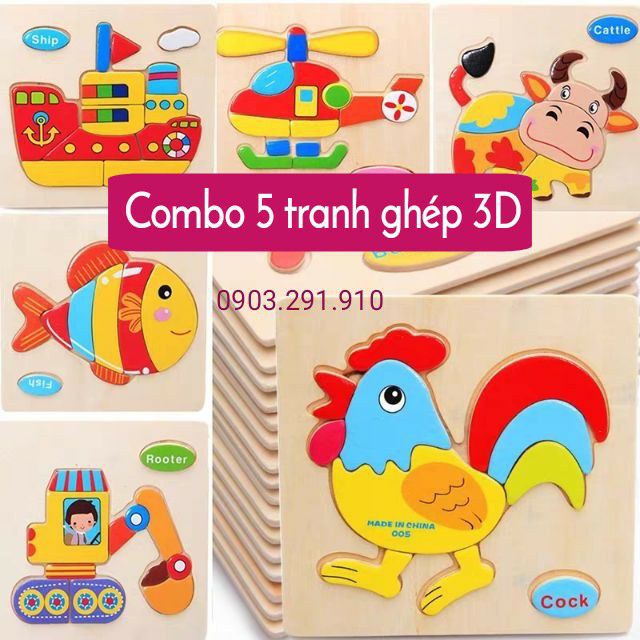 Đồ chơi cho bé 💕FREESHIP💕Set 5 tranh ghép gỗ 3D,Xếp hình thông minh cho bé 2 đến 6 tuổi