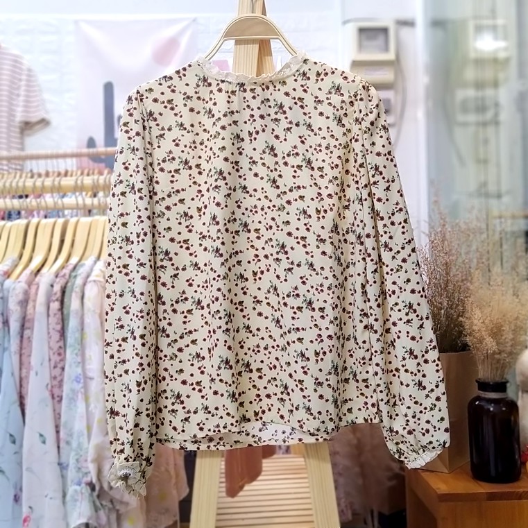 Áo kiểu hoa nhí chất dày cổ viền ren Vintage (không kèm gi lê, ảnh thật)