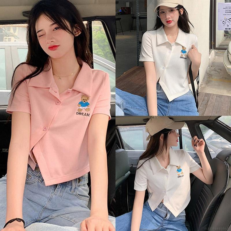 Áo Sơ Mi Tay Ngắn Cổ Polo In Hình Gấu Hoạt Hình Phong Cách Hàn Quốc Cho Nữ