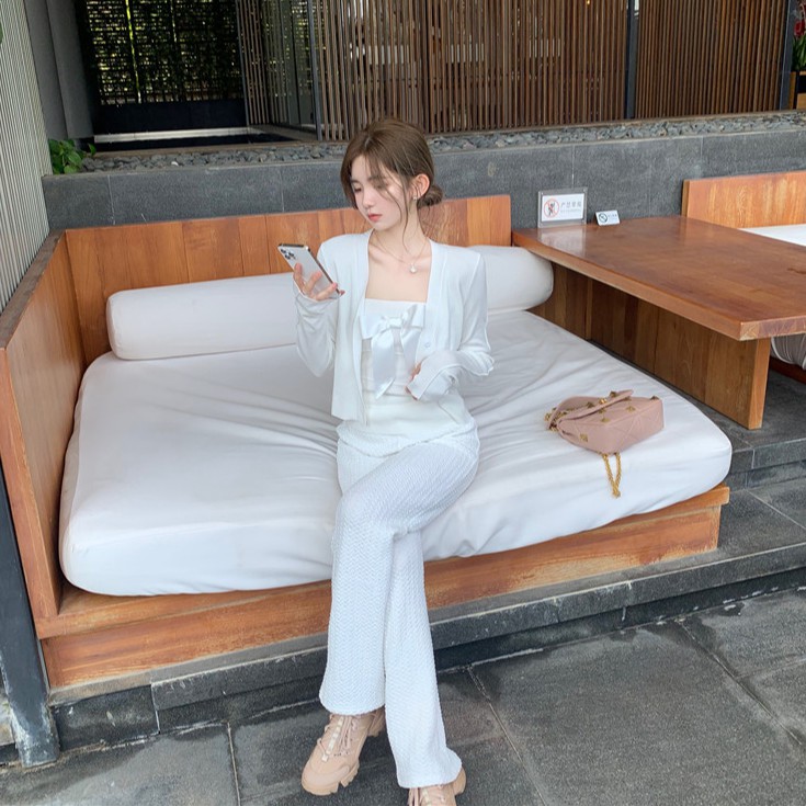 Set Áo Hai Dây Thắt Nơ + Áo Khoác Cardigan + Quần Dài Lưng Cao Ống Rộng Quyến Rũ Cho Nữ | BigBuy360 - bigbuy360.vn