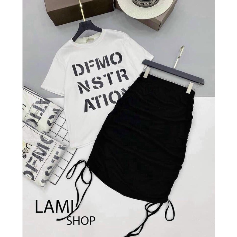 [Miễn Phí Ship 2022] SET VÁY BODY ÔM RÚT DÂY PHỐI ÁO THUN IN CHỮ CÁ TÍNH, KÈM ẢNH THẬT