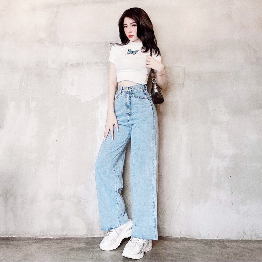 Quần baggy jeans nữ ống rộng SIMPLE JEAN tua lai dài 101cm QD040