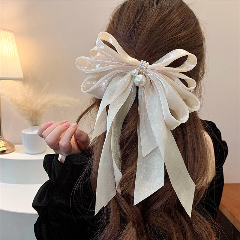 Kẹp Tóc Hình Nơ Vải Chiffon Đính Hạt Ngọc Trai Phối Tua Rua Kiểu Hàn Quốc 2022 Cho Nữ