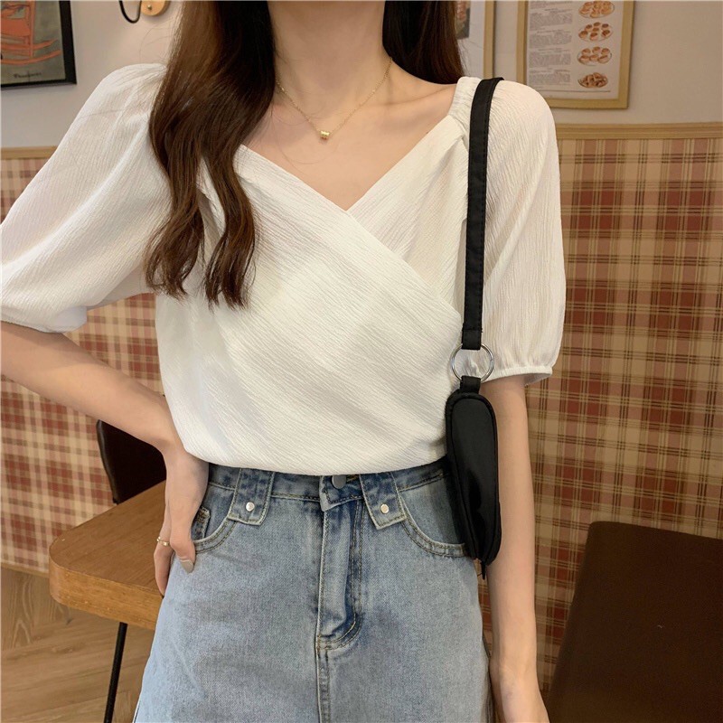 Áo sơ mi cổ chéo tay bồng không nhăn đi học đi làm | BigBuy360 - bigbuy360.vn