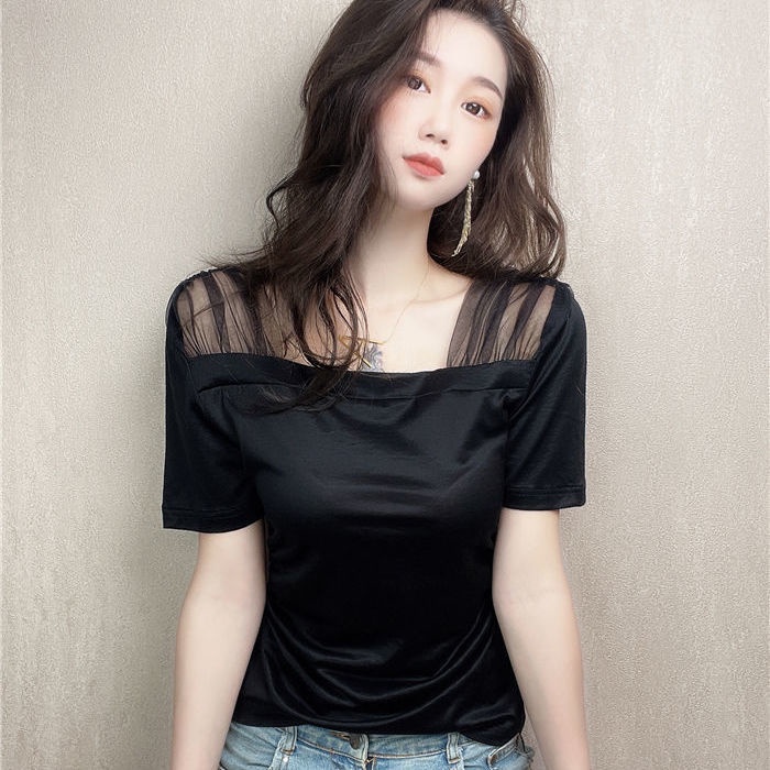 Áo Thun Lưới Cổ Vuông Tay Ngắn Hở Vai Màu Hồng Thời Trang Dành Cho Nữ