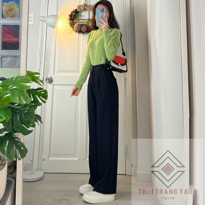 Quần đen ống rộng nữ lưng cao vải mềm đi học sinh dáng suông dài - Quần ống rộng cạp cao có túi khóa trước mặc công sở