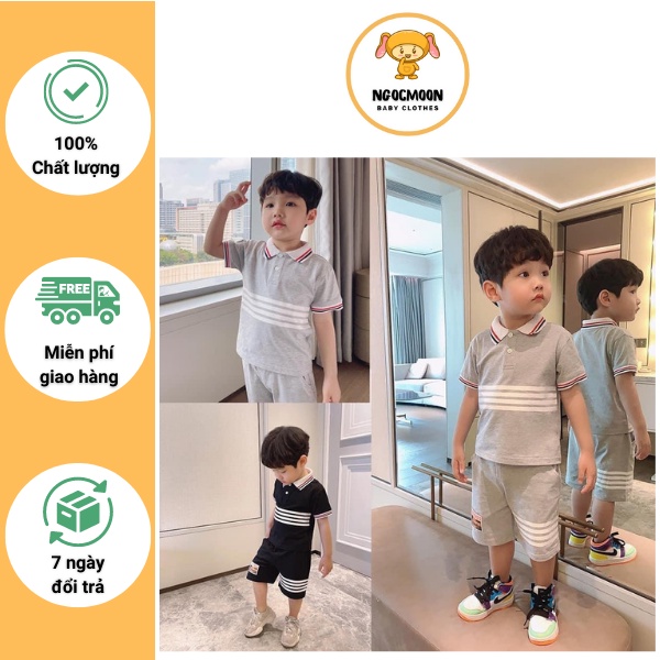 Bộ bé trai cotton cổ trụ dệt kẻ sọc 2 màu đen và ghi