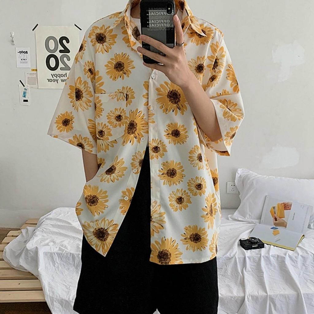 Áo sơ mi unisex chiffon tay ngắn in họa tiết hoa cúc có thể mặc cặp mặc nhóm vải mềm mịn thoáng mát | BigBuy360 - bigbuy360.vn