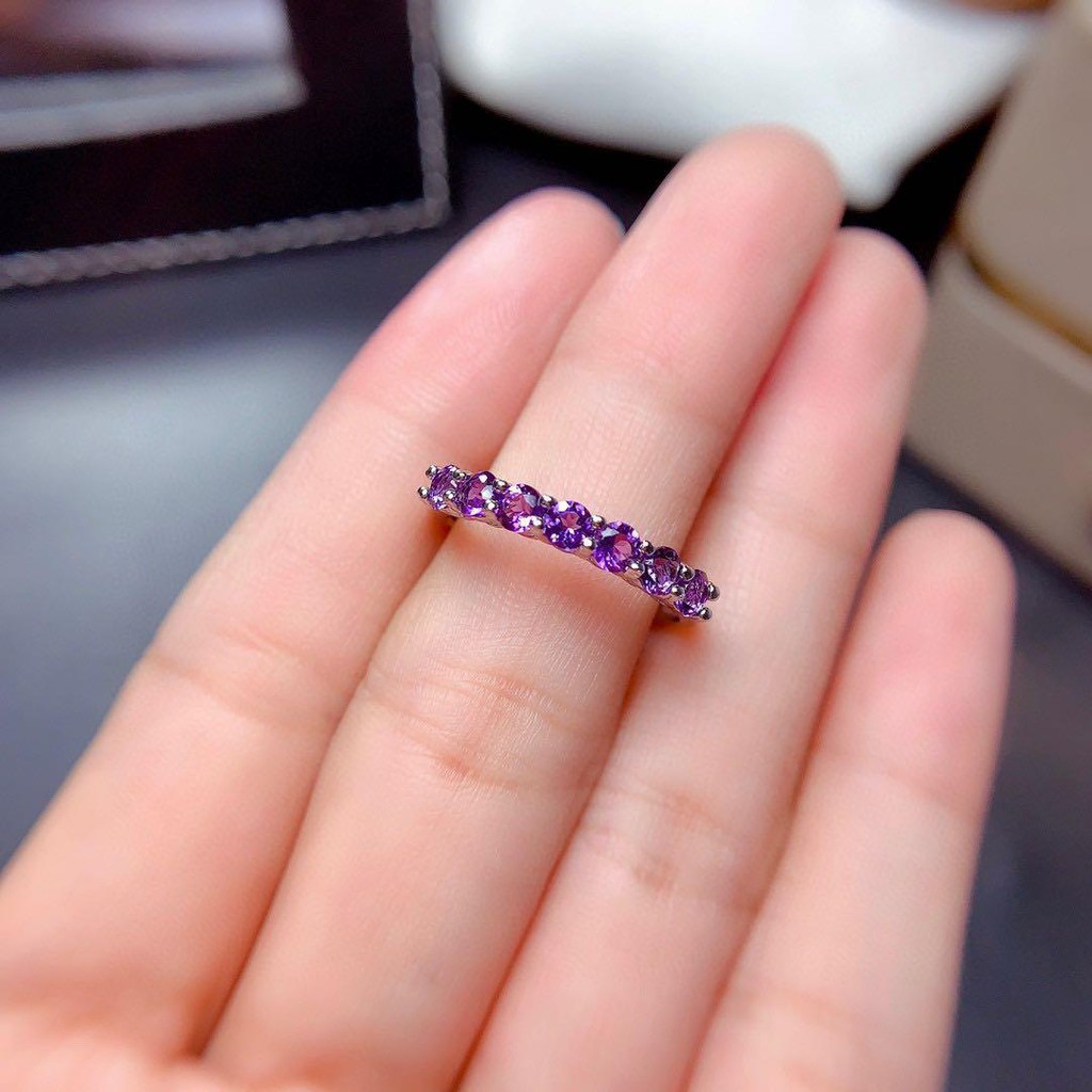 Nhẫn bạc 925 đính đá thạch anh tím phong cách Hàn Quốc