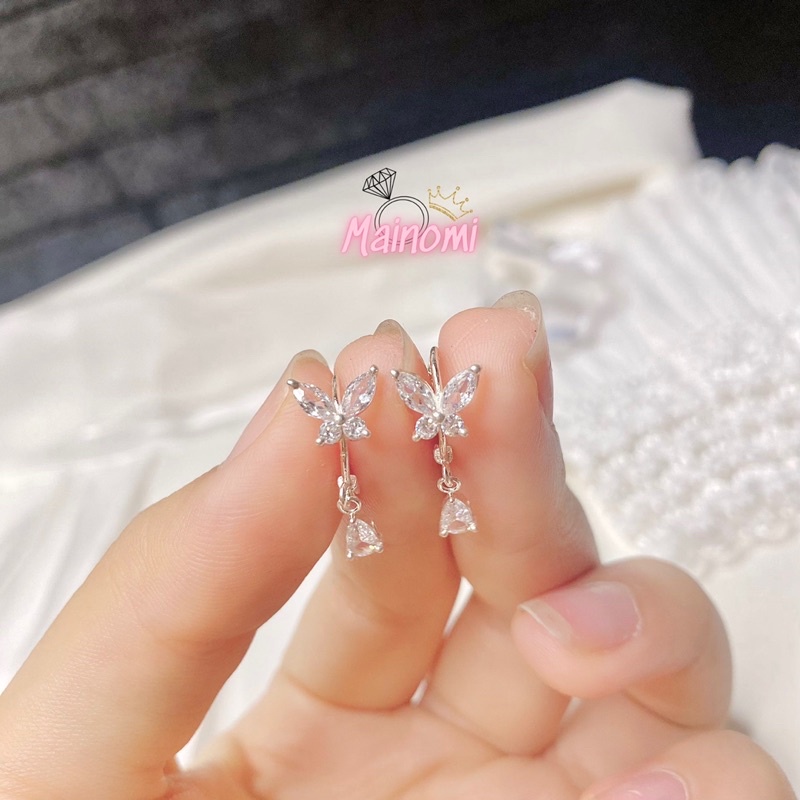 Bông tai bạc nhỏ nhắn xinh xắn, cánh bươm bướm đính đá bấm bật xịn xò Mainomi Shop Bạc Xinh