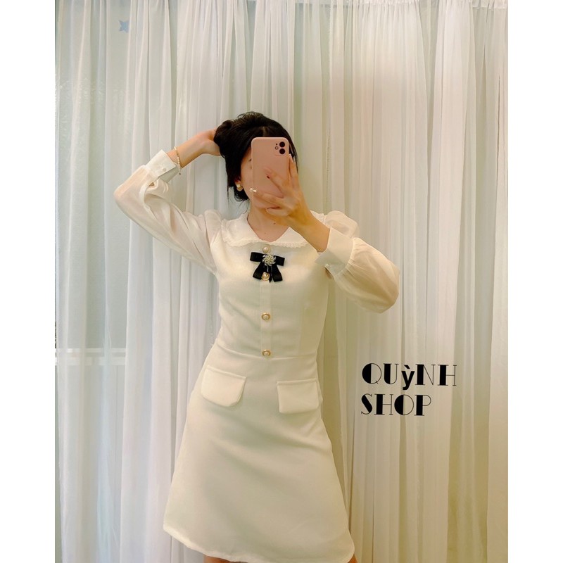 đầm trắng tay phối lưới kèm tag nơ đen chất bố quảng châu hàng loại 1 | BigBuy360 - bigbuy360.vn