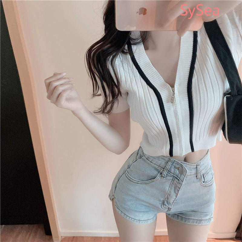 Áo tay ngắn cổ chữ V phối khóa kéo thời trang mùa hè dành cho phái nữ