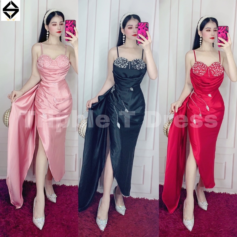 Đầm body 2 dây dự tiệc lệch tà siêu xinh TRIPBLE T DRESS - size M/L- MS187Y