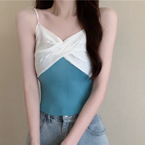 Áo Hai Dây Dáng Ngắn Màu Sắc Tương Phản Thời Trang Mùa Hè Cho Nữ