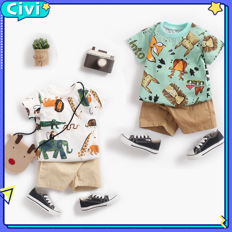 Bộ Áo Thun Tay Ngắn + Quần Short In Họa Tiết Động Vật Dễ Thương Thời Trang Mùa Hè Cho Bé Trai 0840