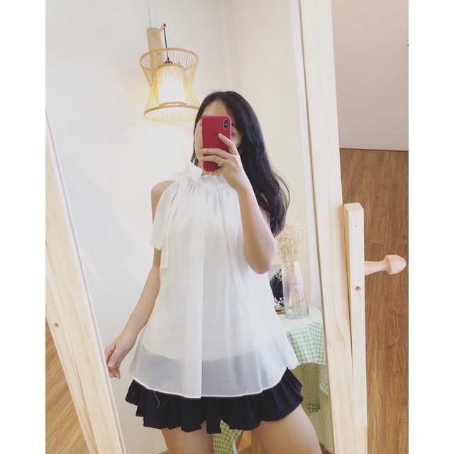 set bộ áo voan tơ cột nơ và chân váy dập li hai tầng