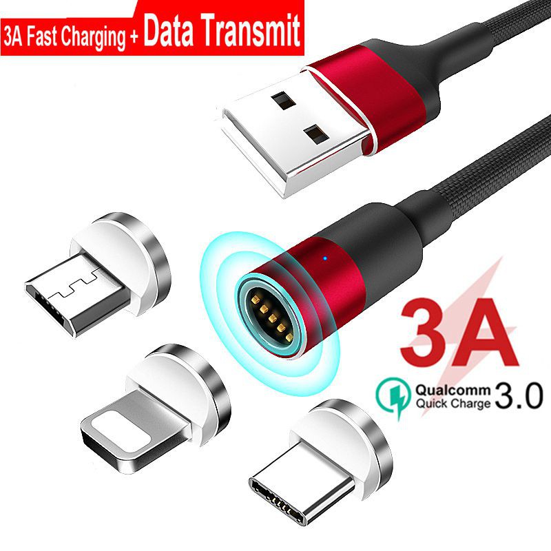 Bộ dây cáp sạc nhanh từ tính kiêm truyền dữ liệu + giắc cắm Micro USB Type C QC 3.0 3A cho điện thoại (Có bán lẻ) Fast Magnetic Charger Phone Cable Micro USB Type C Cable Fast Charging Type-C iPhone Data Transmission Phone Cable