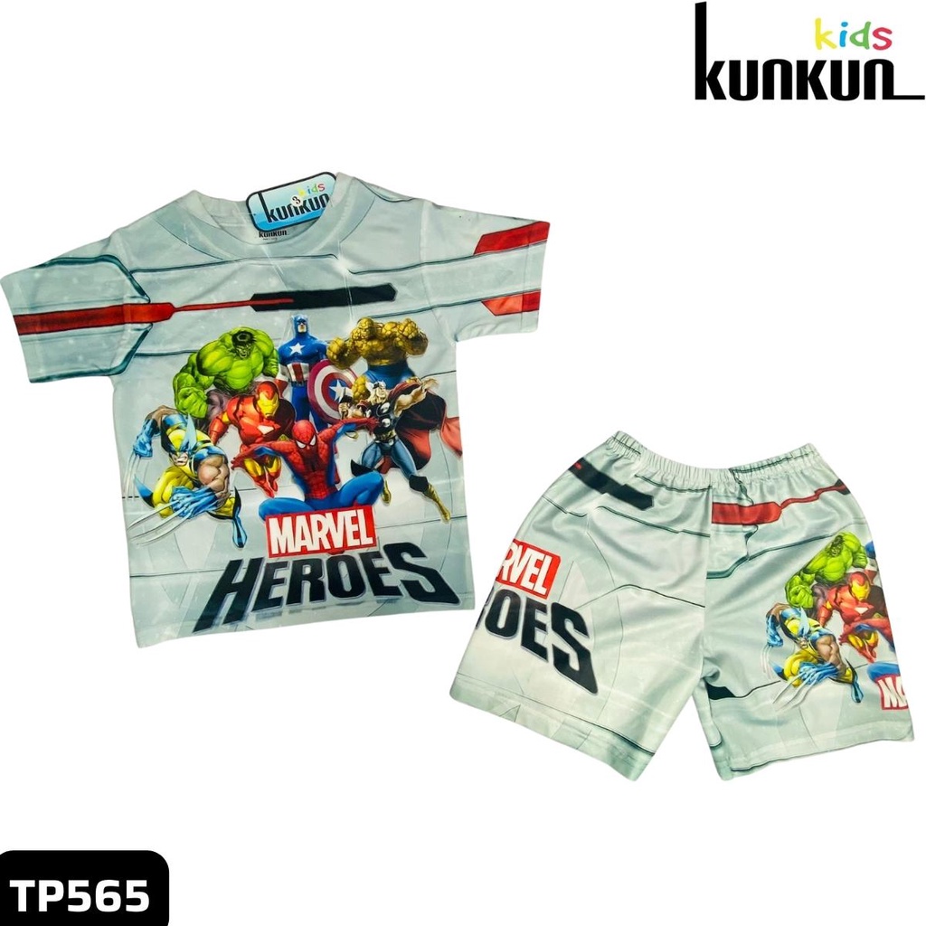 Quần áo bé trai KUNKUN KID TP565 in 3D siêu anh hùng marvel cộc tay size đại 10-60kg - Đồ bộ trẻ em thun lạnh co giãn