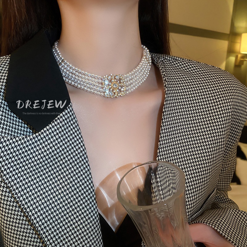 DREJEW Dây chuyền nhiều lớp đính ngọc trai và hoa thời trang cho nữ