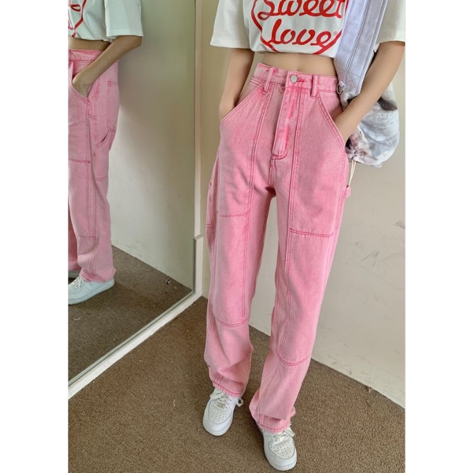 Quần jeans hồng đường gân nổi siêu đẹp phong cách trẻ trung nữ tính